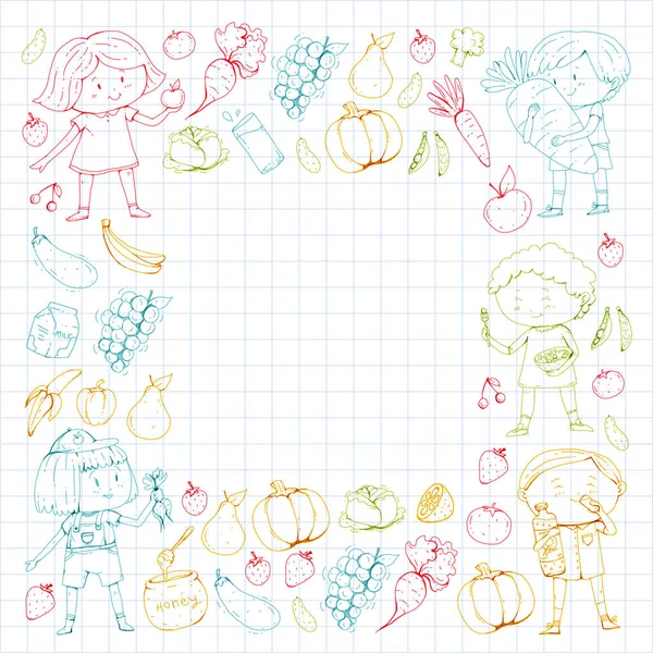 Les enfants. École et jardin d'enfants. Aliments sains et boissons. Café pour enfants. Fruits et légumes. Les garçons et les filles mangent des aliments sains et des collations. Modèle préscolaire vectoriel doodle avec dessins animés enfants dessin — Image vectorielle