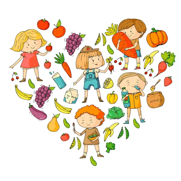 Filhos. Escola e jardim de infância. Alimentos e bebidas saudáveis. Café para crianças. Frutas e legumes. Meninos e meninas comem alimentos saudáveis e lanches. Vector doodle padrão pré-escolar com desenhos animados crianças desenho —  Vetores de Stock