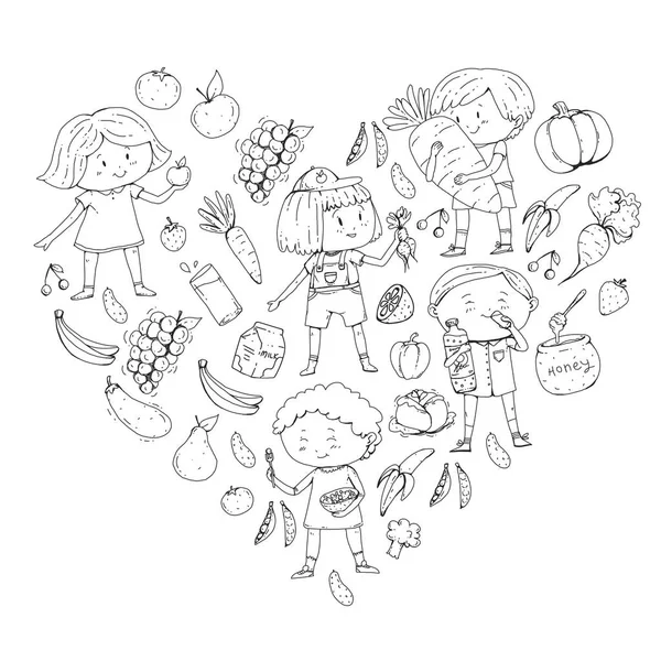 Filhos. Escola e jardim de infância. Alimentos e bebidas saudáveis. Café para crianças. Frutas e legumes. Meninos e meninas comem alimentos saudáveis e lanches. Vector doodle padrão pré-escolar com desenhos animados crianças desenho — Vetor de Stock