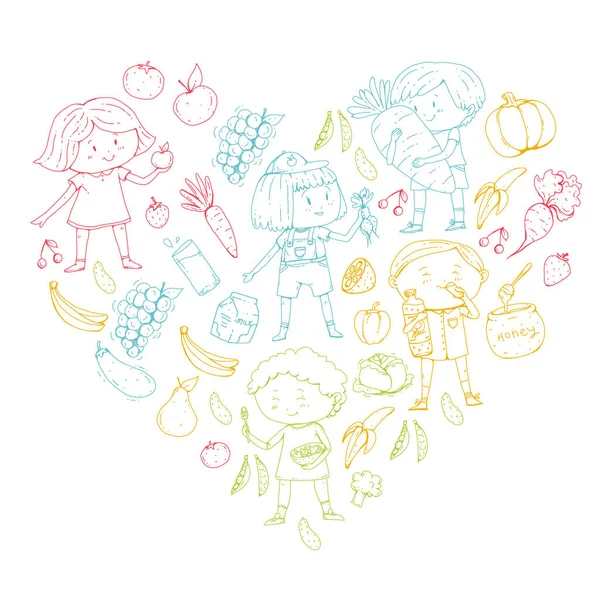 Filhos. Escola e jardim de infância. Alimentos e bebidas saudáveis. Café para crianças. Frutas e legumes. Meninos e meninas comem alimentos saudáveis e lanches. Vector doodle padrão pré-escolar com desenhos animados crianças desenho — Vetor de Stock