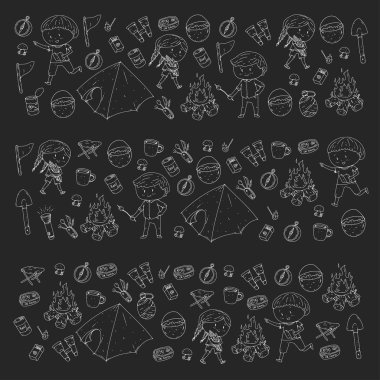 Çocuklar kamp anaokulu, çocuk yaz okulu tatil yaz ve çizim stili genç izci açık macera çocuklar keşfetmek sping orman yürüyüş ve Turizm