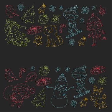 Neşeli Noel Kutlamaları çocuklu. Resimde kayağı, hediyeler, Noel Baba, kardan adam ile çizim çocuklar. Erkek ve kız oynamak ve eğlenmek. Okulu ve anaokulu, okul öncesi çocuklar