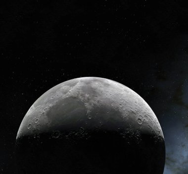 Ay yüzeyi. Ay ve uzay gerçekçi 3d render. Uzay ve gezegen. Uydu. Bulutsusu. Yıldız. Nasa tarafından döşenmiş bu görüntü unsurları.