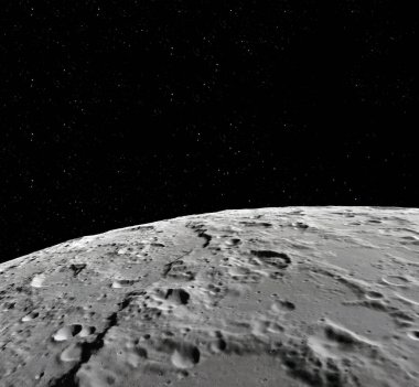 Ay yüzeyi. Ay ve uzay gerçekçi 3d render. Uzay ve gezegen. Uydu. Bulutsusu. Yıldız. Nasa tarafından döşenmiş bu görüntü unsurları.