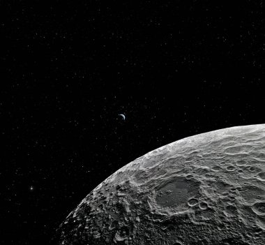 Ay yüzeyi. Ay ve uzay gerçekçi 3d render. Uzay ve gezegen. Uydu. Bulutsusu. Yıldız. Nasa tarafından döşenmiş bu görüntü unsurları.