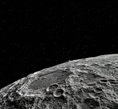 Ay yüzeyi. Ay ve uzay gerçekçi 3d render. Uzay ve gezegen. Uydu. Bulutsusu. Yıldız. Nasa tarafından döşenmiş bu görüntü unsurları.