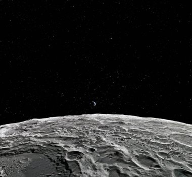 Ay yüzeyi. Ay ve uzay gerçekçi 3d render. Uzay ve gezegen. Uydu. Bulutsusu. Yıldız. Nasa tarafından döşenmiş bu görüntü unsurları.