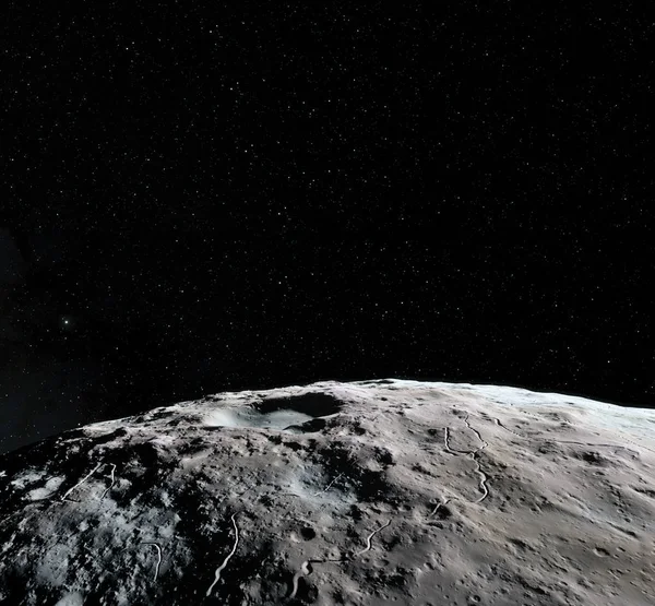 Månens yta. Realistisk 3d render månen och utrymme. Utrymme och planet. Satellit. Nebulosa. Stjärnor. Delar av denna bild från Nasa. — Stockfoto
