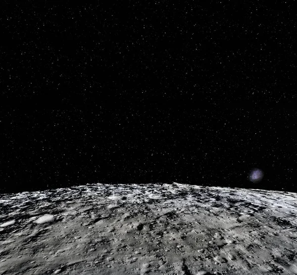 Oppervlak van de maan. Realistische 3d render van maan en de ruimte. Ruimte en planeet. Satelliet. Nevel. Sterren. Elementen van dit beeld ingericht door Nasa. — Stockfoto