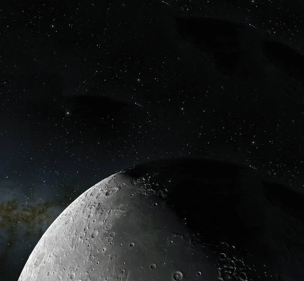 Mondoberfläche. realistische 3D-Darstellung von Mond und Weltraum. Raum und Planet. Satellit. Nebel. Sterne. Elemente dieses Bildes von der nasa. — Stockfoto