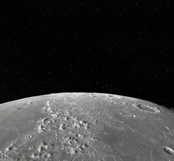 Superficie lunar. Realista 3d renderizado de la luna y el espacio. Espacio y planeta. Satélite. Nebulosa. Estrellas. Elementos de esta imagen proporcionados por la NASA . —  Fotos de Stock