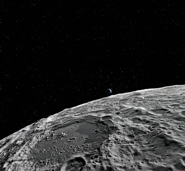 Oppervlak van de maan. Realistische 3d render van maan en de ruimte. Ruimte en planeet. Satelliet. Nevel. Sterren. Elementen van dit beeld ingericht door Nasa. — Stockfoto