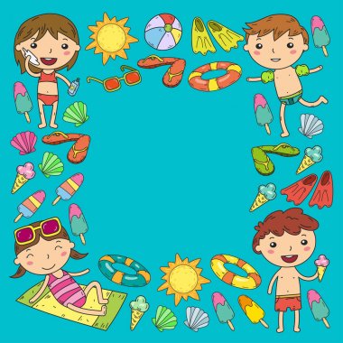 Küçük çocuk oyun. Yaz kampı, plaj, tatil. Kreş ve okul öncesi çocuklar. Oynamak, öğrenmek, birlikte büyümek. Beach, Kumdan kale, güneş gözlüğü, dondurma, güneş, top. Erkek ve kız vektör desen