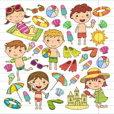 Küçük çocuk oyun. Yaz kampı, plaj, tatil. Kreş ve okul öncesi çocuklar. Oynamak, öğrenmek, birlikte büyümek. Beach, Kumdan kale, güneş gözlüğü, dondurma, güneş, top. Erkek ve kız vektör desen