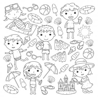 Küçük çocuk oyun. Yaz kampı, plaj, tatil. Kreş ve okul öncesi çocuklar. Oynamak, öğrenmek, birlikte büyümek. Beach, Kumdan kale, güneş gözlüğü, dondurma, güneş, top. Erkek ve kız vektör desen