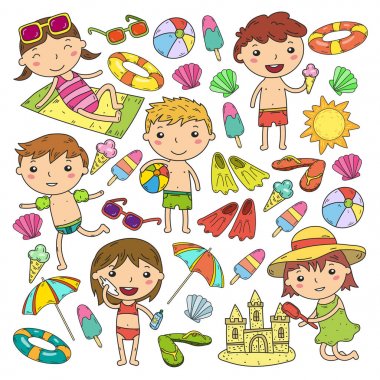 Küçük çocuk oyun. Yaz kampı, plaj, tatil. Kreş ve okul öncesi çocuklar. Oynamak, öğrenmek, birlikte büyümek. Beach, Kumdan kale, güneş gözlüğü, dondurma, güneş, top. Erkek ve kız vektör desen