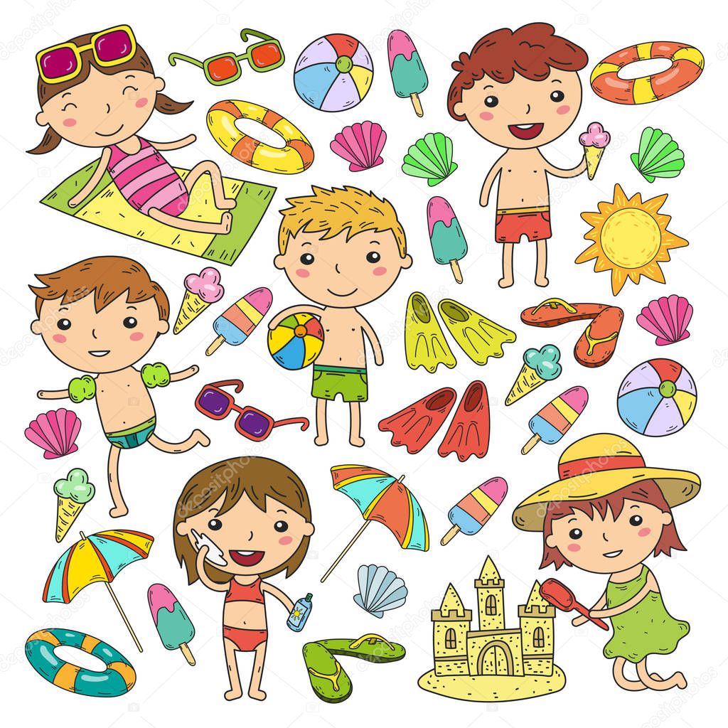 Little children play. Summer camp, beach, vacation. Kindergarten and preschool kids. Play, learn, grow together. Beach, sand castle, sunglasses, icecream, sun, ball. Boys and girls vector pattern