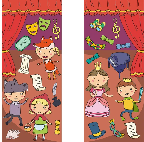 Spectacle d'enfants au théâtre. Musique de maternelle. Des écoliers qui jouent. Scène, tenue de spectacle, cinéma. Petits acteurs — Image vectorielle