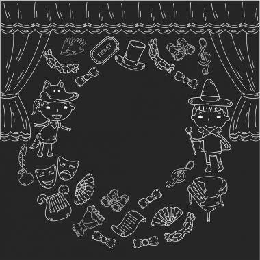 Tiyatro çocuk performans. Anaokulu müzik. Okul çocuklar oynarken. Sahne, entertaiment, sinema. Küçük aktörler