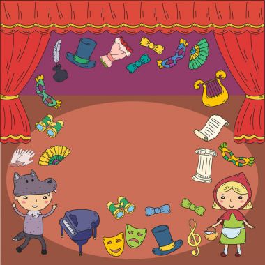 Tiyatro çocuk performans. Anaokulu müzik. Okul çocuklar oynarken. Sahne, entertaiment, sinema. Küçük aktörler