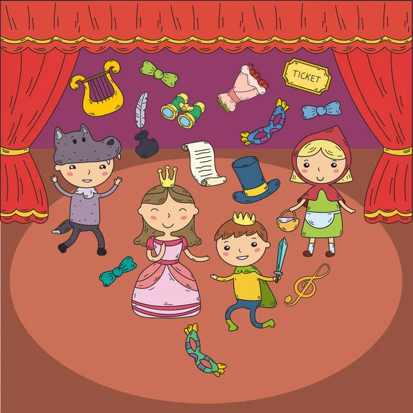 Actuación de niños en el teatro. Un musical de jardín de infantes. Estudiantes jugando. Escenario, entretenimiento, cine. Pequeños actores — Vector de stock