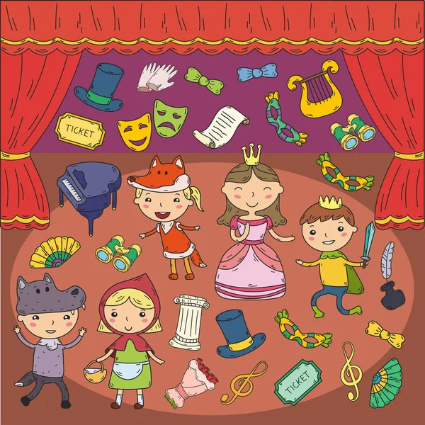 Spectacle d'enfants au théâtre. Musique de maternelle. Des écoliers qui jouent. Scène, tenue de spectacle, cinéma. Petits acteurs — Image vectorielle