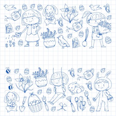 Bahar çocuk çocuklar oyun afiş ve büyümek. Anaokulu, okul. Paskalya kutlamaları çocuklu. Tavşan, rabbt, kuş, bayanlar baylar