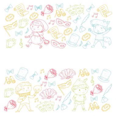 Çocuk tiyatro desen. Tasarım Tiyatrosu için öğeleri. Çocuk tiyatro semboller koleksiyonunu: maske, Bilet, dürbün. Anaokulu veya okul çocukları perfomance. Doodle simgeler. Vektör.