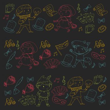 Çocuk tiyatro desen. Tasarım Tiyatrosu için öğeleri. Çocuk tiyatro semboller koleksiyonunu: maske, Bilet, dürbün. Anaokulu veya okul çocukları perfomance. Doodle simgeler. Vektör.