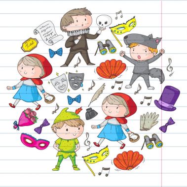 Çocuk tiyatro desen. Tasarım Tiyatrosu için öğeleri. Çocuk tiyatro semboller koleksiyonunu: maske, Bilet, dürbün. Anaokulu veya okul çocukları perfomance. Doodle simgeler. Vektör.