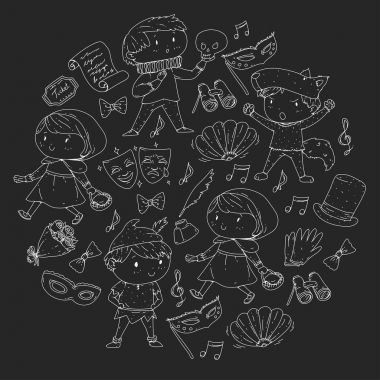Çocuk tiyatro desen. Tasarım Tiyatrosu için öğeleri. Çocuk tiyatro semboller koleksiyonunu: maske, Bilet, dürbün. Anaokulu veya okul çocukları perfomance. Doodle simgeler. Vektör.