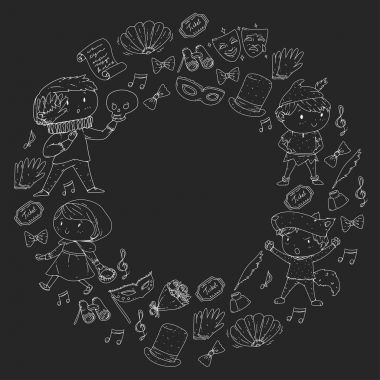 Çocuk tiyatro desen. Tasarım Tiyatrosu için öğeleri. Çocuk tiyatro semboller koleksiyonunu: maske, Bilet, dürbün. Anaokulu veya okul çocukları perfomance. Doodle simgeler. Vektör.