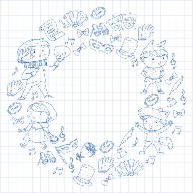 Çocuk tiyatro desen. Tasarım Tiyatrosu için öğeleri. Çocuk tiyatro semboller koleksiyonunu: maske, Bilet, dürbün. Anaokulu veya okul çocukları perfomance. Doodle simgeler. Vektör.