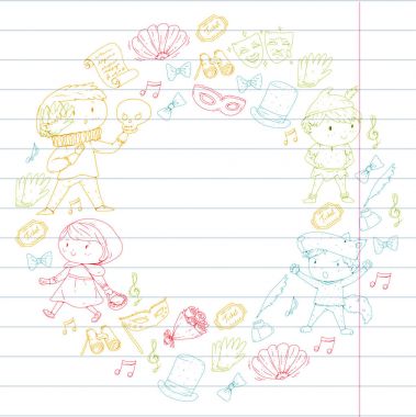 Çocuk tiyatro desen. Tasarım Tiyatrosu için öğeleri. Çocuk tiyatro semboller koleksiyonunu: maske, Bilet, dürbün. Anaokulu veya okul çocukları perfomance. Doodle simgeler. Vektör.