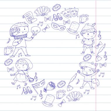 Çocuk tiyatro desen. Tasarım Tiyatrosu için öğeleri. Çocuk tiyatro semboller koleksiyonunu: maske, Bilet, dürbün. Anaokulu veya okul çocukları perfomance. Doodle simgeler. Vektör.