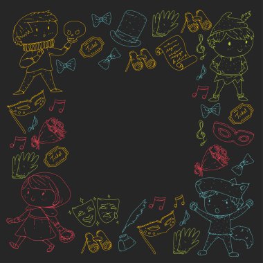 Çocuk tiyatro desen. Tasarım Tiyatrosu için öğeleri. Çocuk tiyatro semboller koleksiyonunu: maske, Bilet, dürbün. Anaokulu veya okul çocukları perfomance. Doodle simgeler. Vektör.