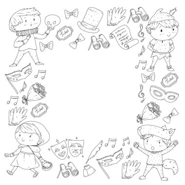 Çocuk tiyatro desen. Tasarım Tiyatrosu için öğeleri. Çocuk tiyatro semboller koleksiyonunu: maske, Bilet, dürbün. Anaokulu veya okul çocukları perfomance. Doodle simgeler. Vektör.