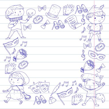 Çocuk tiyatro desen. Tasarım Tiyatrosu için öğeleri. Çocuk tiyatro semboller koleksiyonunu: maske, Bilet, dürbün. Anaokulu veya okul çocukları perfomance. Doodle simgeler. Vektör.