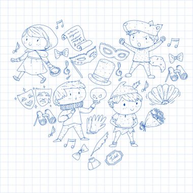 Çocuk tiyatro desen. Tasarım Tiyatrosu için öğeleri. Çocuk tiyatro semboller koleksiyonunu: maske, Bilet, dürbün. Anaokulu veya okul çocukları perfomance. Doodle simgeler. Vektör.