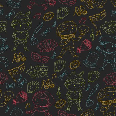 Çocuk tiyatro desen. Tasarım Tiyatrosu için öğeleri. Çocuk tiyatro semboller koleksiyonunu: maske, Bilet, dürbün. Anaokulu veya okul çocukları perfomance. Doodle simgeler. Vektör.