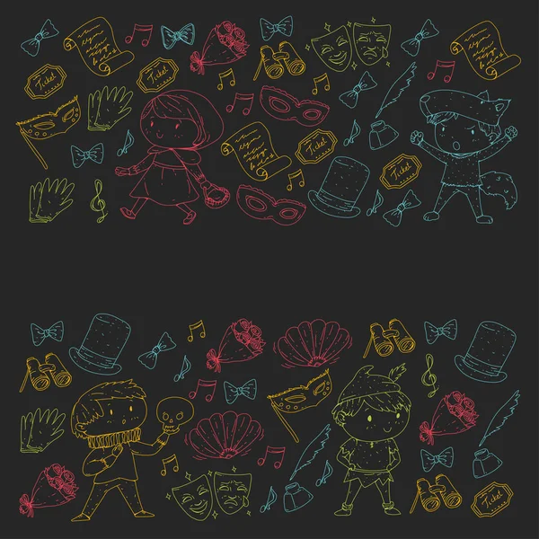 Patrones de teatro infantil. Elementos para el diseño en el teatro. Colección de símbolos de teatro para niños: máscara, entrada, binocular. KIndergarten o perfomance de los niños de la escuela. Iconos de Doodle. Vector . — Vector de stock