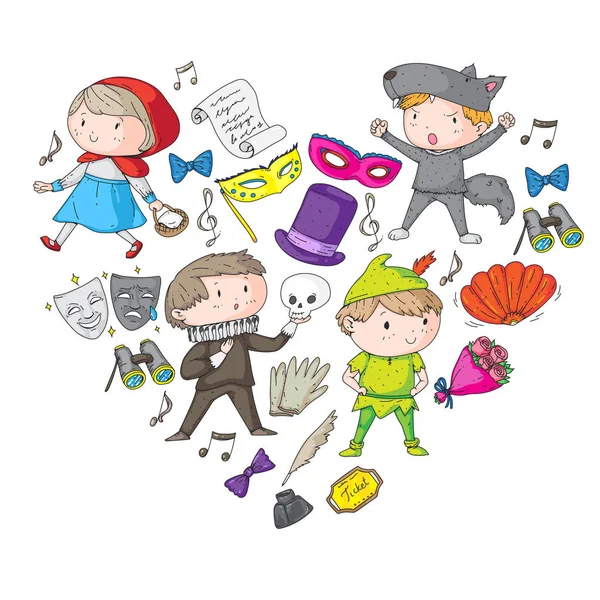 Kinderen theater patronen. Elementen voor het ontwerp van het theater. Verzameling kids theater symbolen: masker, ticket, verrekijker. Kleuterschool of schoolkinderen perfomance. Doodle pictogrammen. Vector. — Stockvector