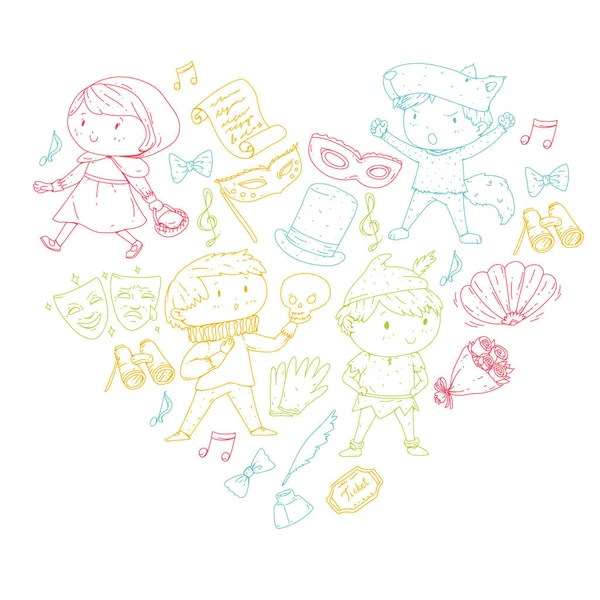 Patrones de teatro infantil. Elementos para el diseño en el teatro. Colección de símbolos de teatro para niños: máscara, entrada, binocular. KIndergarten o perfomance de los niños de la escuela. Iconos de Doodle. Vector . — Vector de stock