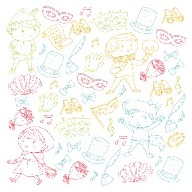 Çocuk tiyatro desen. Tasarım Tiyatrosu için öğeleri. Çocuk tiyatro semboller koleksiyonunu: maske, Bilet, dürbün. Anaokulu veya okul çocukları perfomance. Doodle simgeler. Vektör.