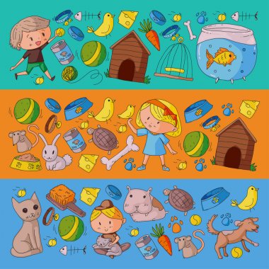Evde beslenen hayvan dükkan, Hayvanat Bahçesi, veteriner. Anaokulu çocukları. Çocuklar oynuyor hayvanlar ile. Vektör desen woth kedi, hamster, köpek, tavşan, tavşan. Eğitim, bakım ve oyun