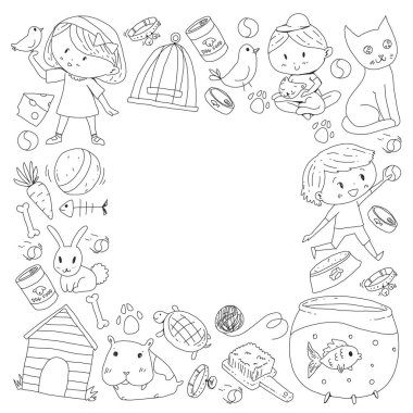 Evde beslenen hayvan dükkan, Hayvanat Bahçesi, veteriner. Anaokulu çocukları. Çocuklar oynuyor hayvanlar ile. Vektör desen woth kedi, hamster, köpek, tavşan, tavşan. Eğitim, bakım ve oyun