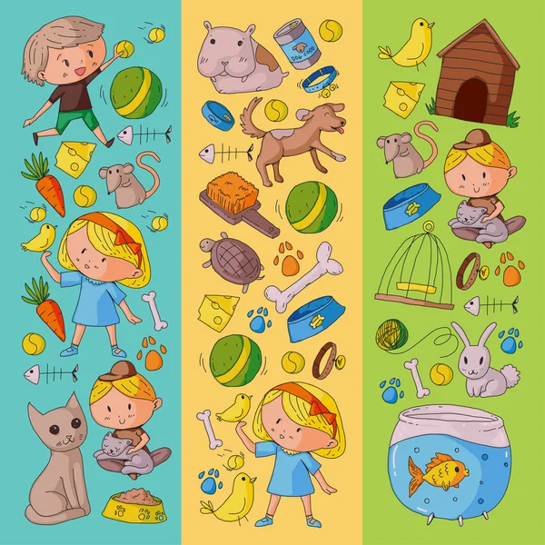 Pet shop, zoo, veterinary. Kindergarten small children. Kids plays with animals. Vector pattern woth cat, hamster, dog, bunny, rabbit. Study, care and play Vector Graphics