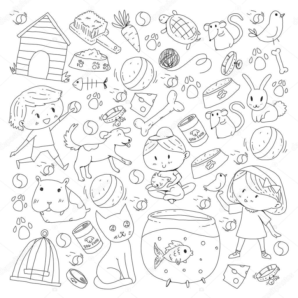 Pet shop, zoo, veterinary. Kindergarten small children. Kids plays with animals. Vector pattern woth cat, hamster, dog, bunny, rabbit. Study, care and play