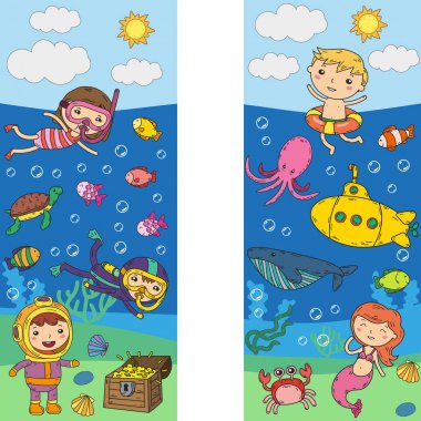 Sualtı. Su Parkı çocuklar. Deniz ve okyanus macera. Yaz. Çizim çocuklar. Doodle görüntü. Çizgi film yaratıklar çocuklu. Baylar bayanlar Yüzme