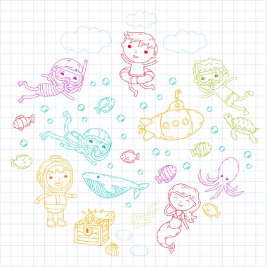 Sualtı. Su Parkı çocuklar. Deniz ve okyanus macera. Yaz. Çizim çocuklar. Doodle görüntü. Çizgi film yaratıklar çocuklu. Baylar bayanlar Yüzme